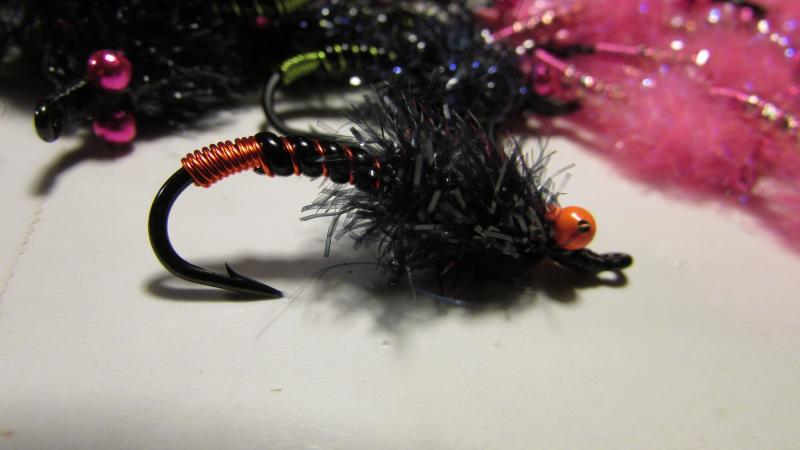 orange and black death stonefly nymph, oswego river, salmon river