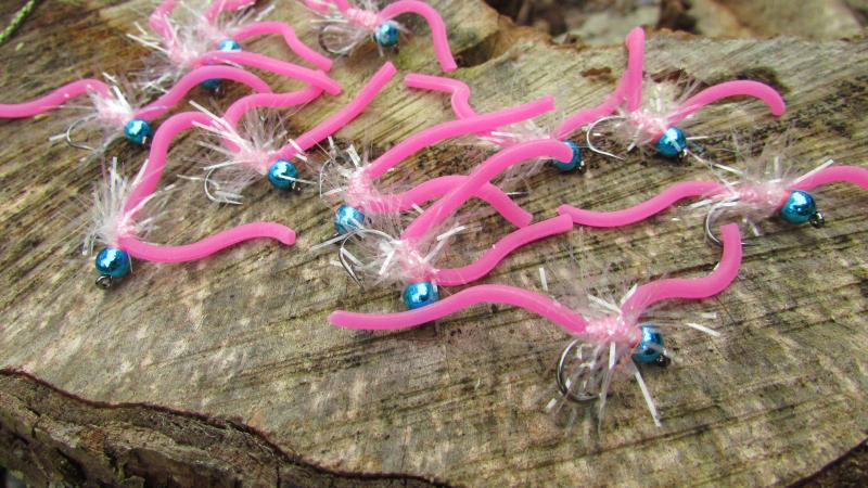 steelhead squirmy wormy, steelhead pink worm, pink worm, blue bead steelhead fly